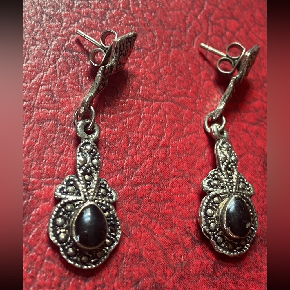 Elegant Faux Silver Teardrop Earrings w/ Victorian Detail